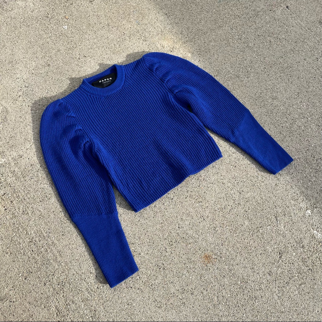 Paper London Royal Cobalt Blue Wool Knit Puff Sleeve Pullover Sweater